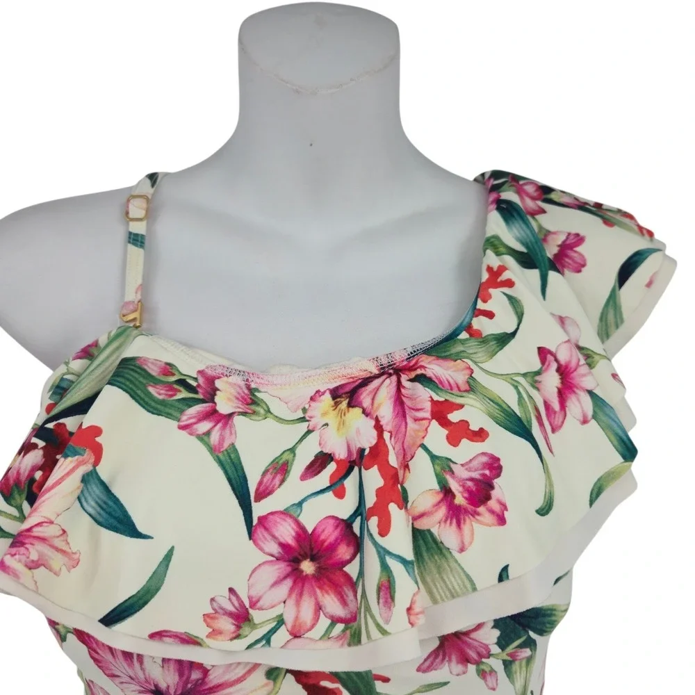 Carmen Marc Valvo One Piece Swimsuit Women 10 Floral Ruffle Asymmetric Tropical